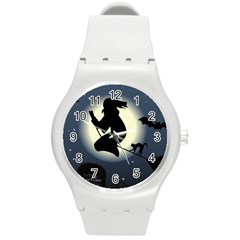 Halloween Card With Witch Vector Clipart Round Plastic Sport Watch (m) by Nexatart