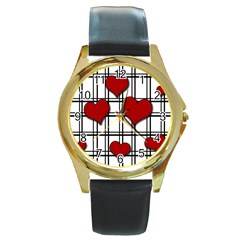 Hearts Pattern Round Gold Metal Watch by Valentinaart