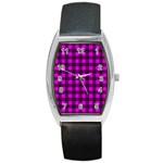 Magenta and black plaid pattern Barrel Style Metal Watch Front