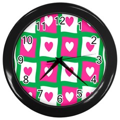 Pink Hearts Valentine Love Checks Wall Clocks (black) by Nexatart