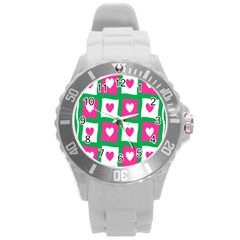 Pink Hearts Valentine Love Checks Round Plastic Sport Watch (l) by Nexatart