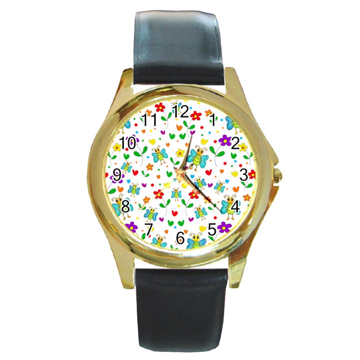 Cute butterflies and flowers pattern Round Gold Metal Watch