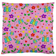 Cute Butterflies And Flowers Pattern - Pink Large Cushion Case (one Side) by Valentinaart