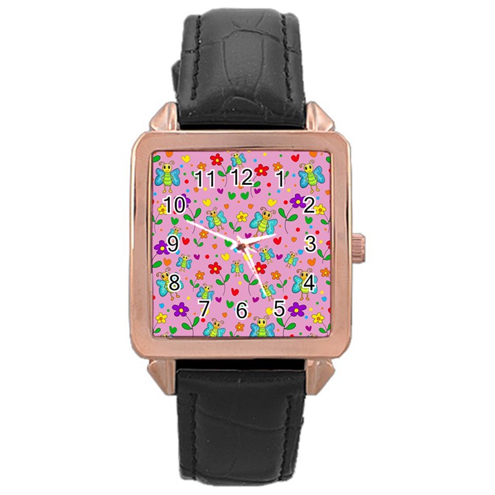 Cute butterflies and flowers pattern - pink Rose Gold Leather Watch 