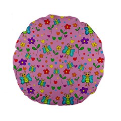 Cute Butterflies And Flowers Pattern - Pink Standard 15  Premium Flano Round Cushions by Valentinaart