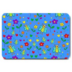 Cute Butterflies And Flowers Pattern - Blue Large Doormat  by Valentinaart