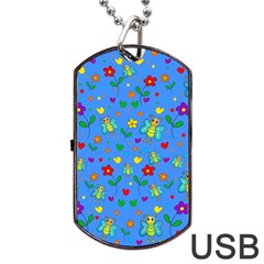 Cute Butterflies And Flowers Pattern - Blue Dog Tag Usb Flash (two Sides) by Valentinaart