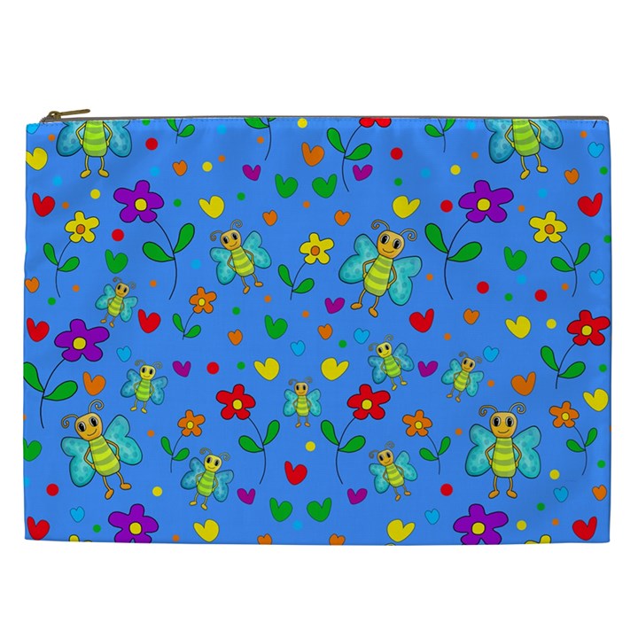 Cute butterflies and flowers pattern - blue Cosmetic Bag (XXL) 