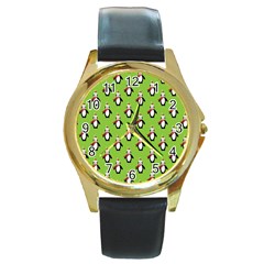 Christmas Penguin Penguins Cute Round Gold Metal Watch
