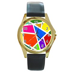 Geometric Blocks Round Gold Metal Watch by Nexatart