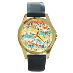 Retro Watercolors                                                      			round Gold Metal Watch by LalyLauraFLM