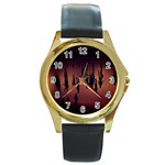 Silhouette Of Circus People Round Gold Metal Watch Front