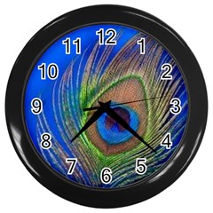 Blue Peacock Feather Wall Clocks (black) by Amaryn4rt