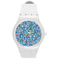 Spring Pattern - Blue Round Plastic Sport Watch (m) by Valentinaart