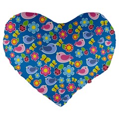 Spring Pattern - Blue Large 19  Premium Flano Heart Shape Cushions by Valentinaart