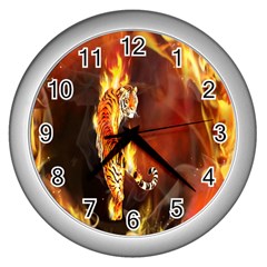 Fire Tiger Lion Animals Wild Orange Yellow Wall Clocks (Silver) 