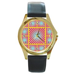 Rotational Plaid Purple Blue Yellow Round Gold Metal Watch