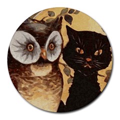 Owl And Black Cat Round Mousepads by Nexatart