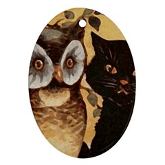 Owl And Black Cat Oval Ornament (two Sides) by Nexatart