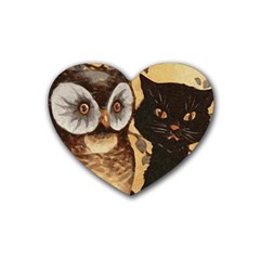 Owl And Black Cat Rubber Coaster (heart)  by Nexatart