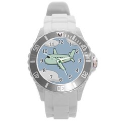 Airplane Fly Cloud Blue Sky Plane Jpeg Round Plastic Sport Watch (l)