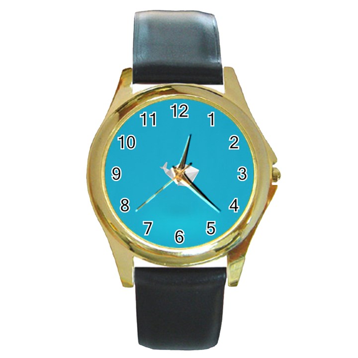 Animals Whale Blue Origami Water Sea Beach Round Gold Metal Watch