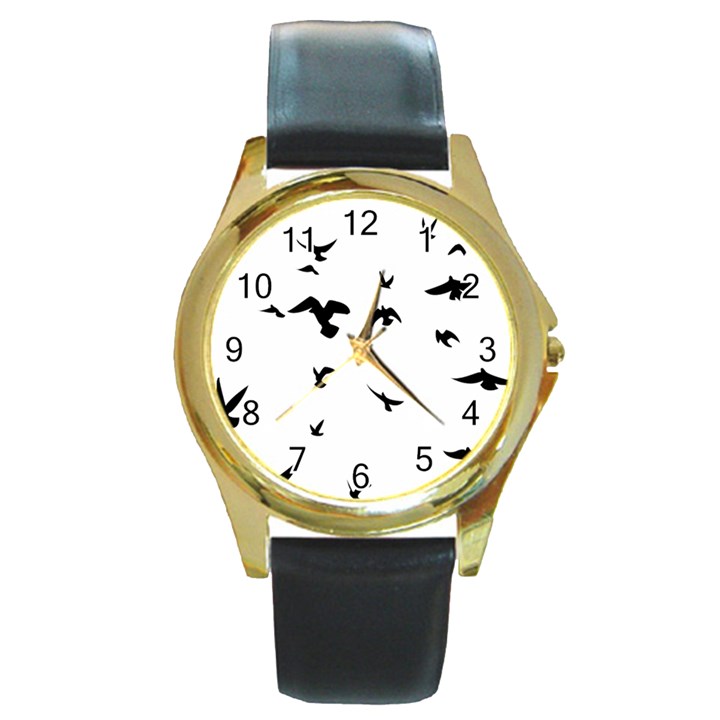 Bird Fly Black Round Gold Metal Watch