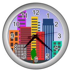 City Skyscraper Buildings Color Car Orange Yellow Blue Green Brown Wall Clocks (silver)  by Alisyart