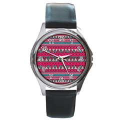 Aztec Geometric Red Chevron Wove Fabric Round Metal Watch by Alisyart