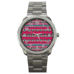 Aztec Geometric Red Chevron Wove Fabric Sport Metal Watch by Alisyart