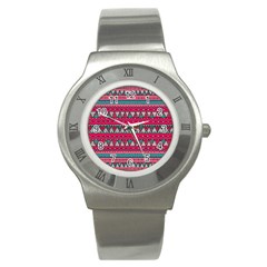 Aztec Geometric Red Chevron Wove Fabric Stainless Steel Watch