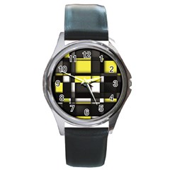 Color Geometry Shapes Plaid Yellow Black Round Metal Watch