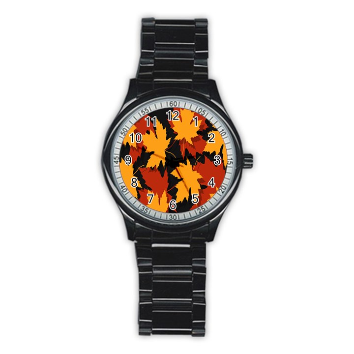 Dried Leaves Yellow Orange Piss Stainless Steel Round Watch