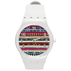 Woven Fabric Triangle Color Rainbow Chevron Wave Jpeg Round Plastic Sport Watch (m)