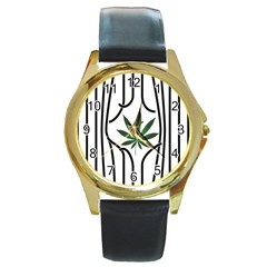 Marijuana Jail Leaf Green Black Round Gold Metal Watch