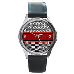 Background Damask Red Black Round Metal Watch by Nexatart