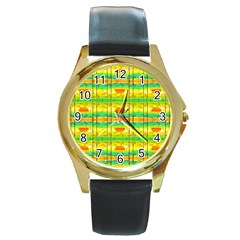 Birds Beach Sun Abstract Pattern Round Gold Metal Watch