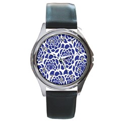 Blue And White Flower Background Round Metal Watch by Nexatart