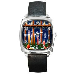 Christmas Lighting Candles Square Metal Watch by Nexatart