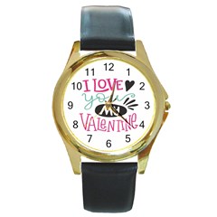 I Love You My Valentine (white) Our Two Hearts Pattern (white) Round Gold Metal Watch by FashionFling