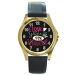  I Love You My Valentine / Our Two Hearts Pattern (black) Round Gold Metal Watch Front