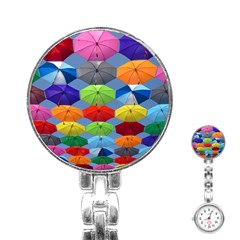 Color Umbrella Blue Sky Red Pink Grey And Green Folding Umbrella Painting Stainless Steel Nurses Watch by Nexatart