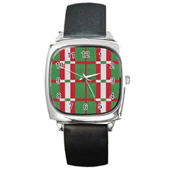Fabric Green Grey Red Pattern Square Metal Watch by Nexatart