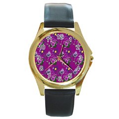 Flower Pattern Round Gold Metal Watch