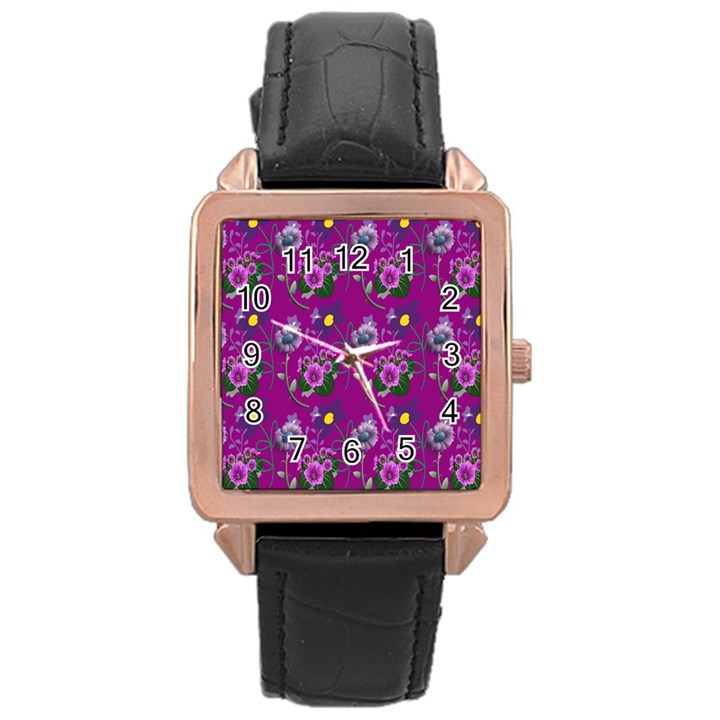 Flower Pattern Rose Gold Leather Watch 