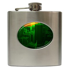 Green Building City Night Hip Flask (6 Oz) by Nexatart