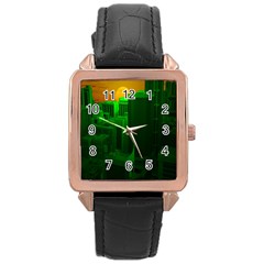 Green Building City Night Rose Gold Leather Watch 