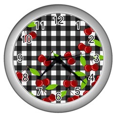 Cherries plaid pattern  Wall Clocks (Silver) 