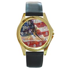 Grunge United State Of Art Flag Round Gold Metal Watch