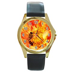 Honey Bee Takes Nectar Round Gold Metal Watch by Nexatart